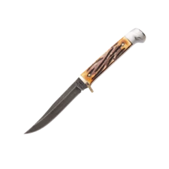 6 3/4 In.  SMALL GENUINE INDIA STAG BONE DAMASCUS HUNTER W/ LEATHER SHEATH – 563D